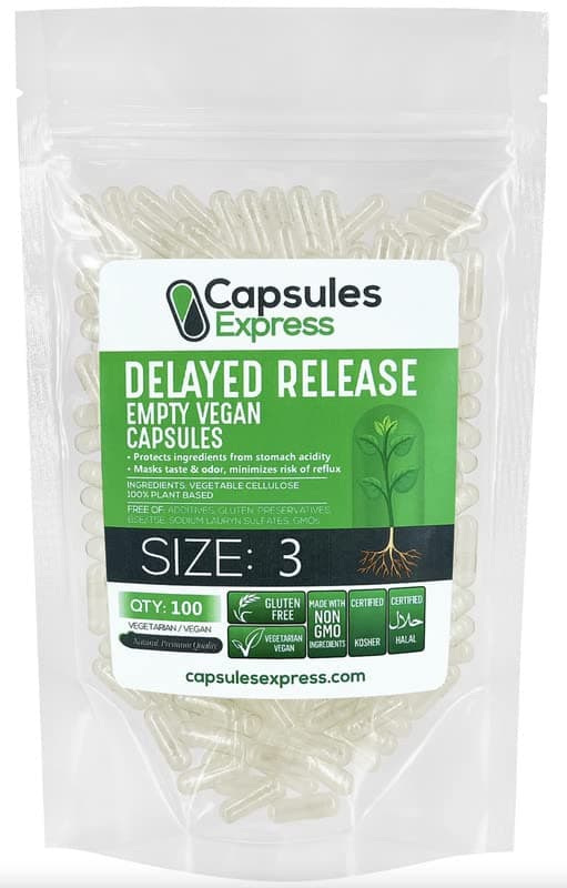 Delayed Release Size 3 Empty Capsules - 100 Count Clear Empty Vegan Capsules - Vegetarian Pills DIY Vegetable Capsule Filling - Veggie Gel Caps for Do-It-Yourself Supplements