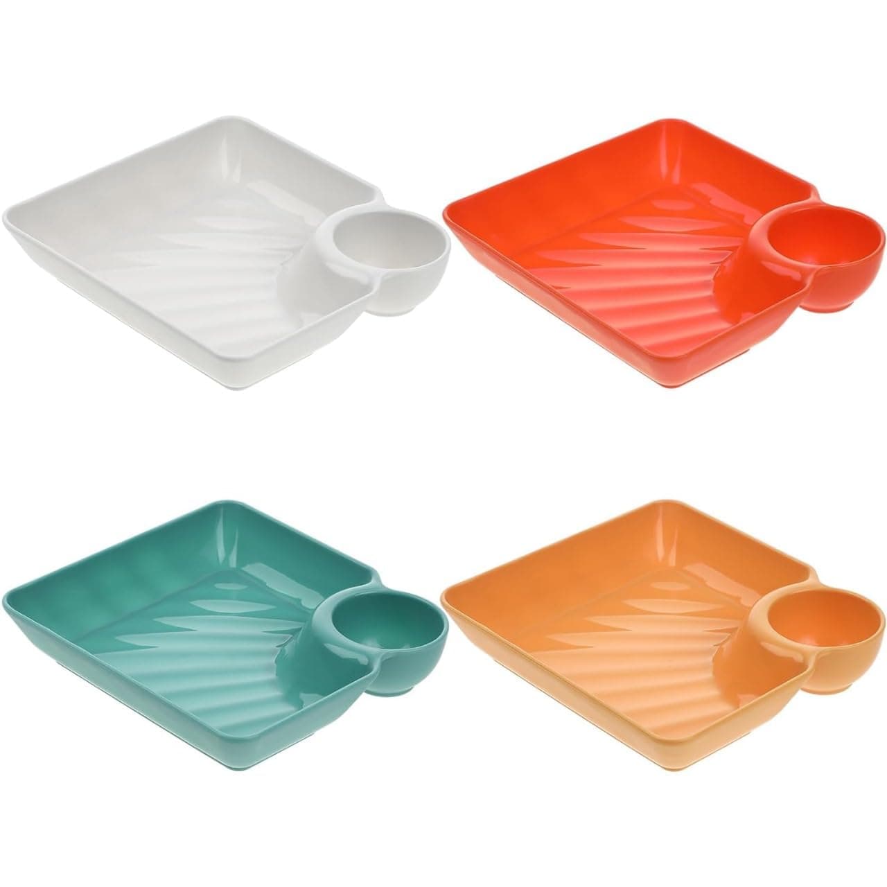 DIVOX 4pcs Dumpling Chip & Dip Serving Dishes - Plastic Salad Platter & Sushi Trays - Wasabi & Snack Dish - Dessert & Seasoning Plate (4-Different Colors)