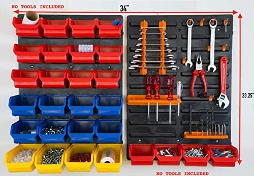 Garage Wall Storage Tool Organizer With Hooks, Hanging Bins, and Screwdriver Hanger for Organization of Drill Accessories, Tools, Hardware, Bolts, Screws, Nuts, Nails, and Crafts
