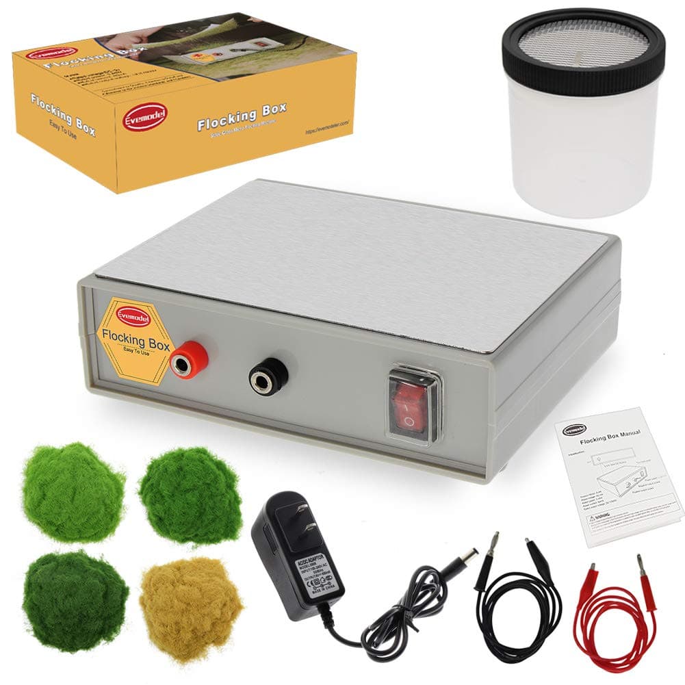 GJ08 Flocking Box Model Static Grass Applicator Flocking Machine and 4 Bags of 5mm Static Grass for O HO N Scale Train Wargames Model Railroad Diorama Scenery