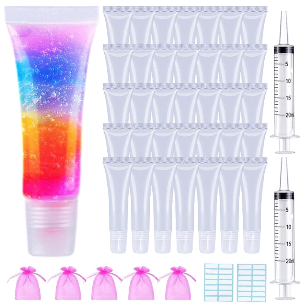 50PCS Lip Gloss Tubes 10ml Empty Lip Balm Containers Refillable Lipgloss Squeeze Tubes with 2 x 20ml Syringes 5pcs Organza Bags & Tag Labels Stickers for DIY Cosmetic