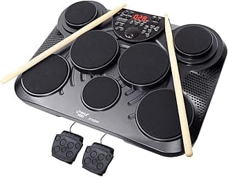 Pyle Electronic Tabletop Digital Drum Set, Compact Portable Drum Pad Kit w/ 8 Touch Sensitive Pads and Pedals, 600 Sounds, USB & Headphone Outputs, MIDI/AUX Inputs, 4x5” Drums & 4x3.5” Cymbals