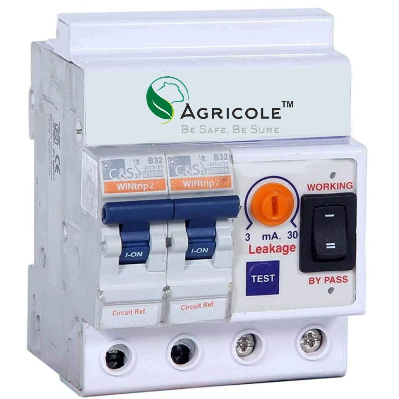 AgriCole Single Phase 2 Pole ELCB, RCCB, ISI Marked 32A MCB with High Voltage, Overload Protection, Current 3 to 30 Ma (Shock Guard)