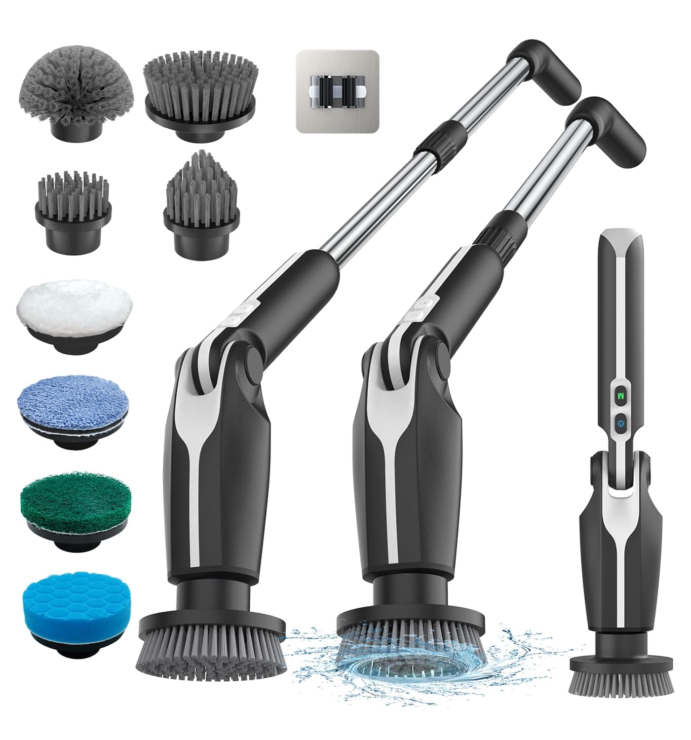 Electric Spin Scrubber, Shower Scrubber with 4 Adjustable Angles and 8 Brush Heads, Electric Scrubber with Long Handle & Remote Controller, Cleaning Brush for Bathroom, Tub, Floor (Black)