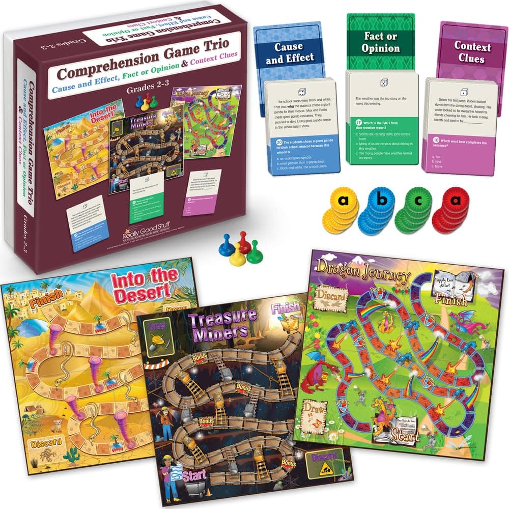 Really Good Stuff Comprehension Game Trio: Cause and Effect, Fact or Opinion & Context Clues Gr 2-3, ELA Reading Activity, Homeschool Supplies