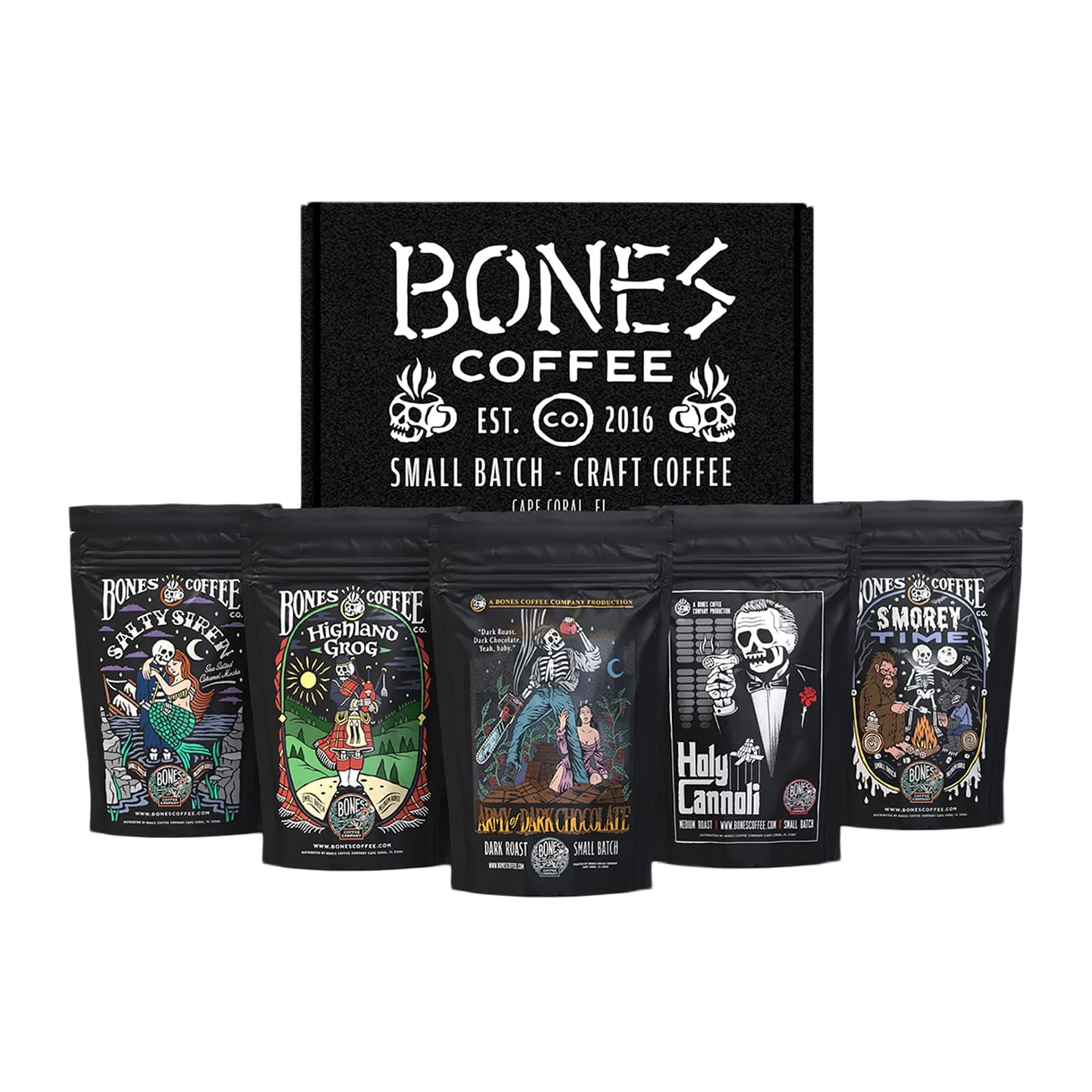 Bones Coffee Company NEW Favorite Flavors Sample Pack, Assorted Flavored Coffee Medium Roast Arabica Beans Specialty Coffee Gifts, Auto Drip and French Press Compatible, 4 oz Pack of 5 Whole Bean