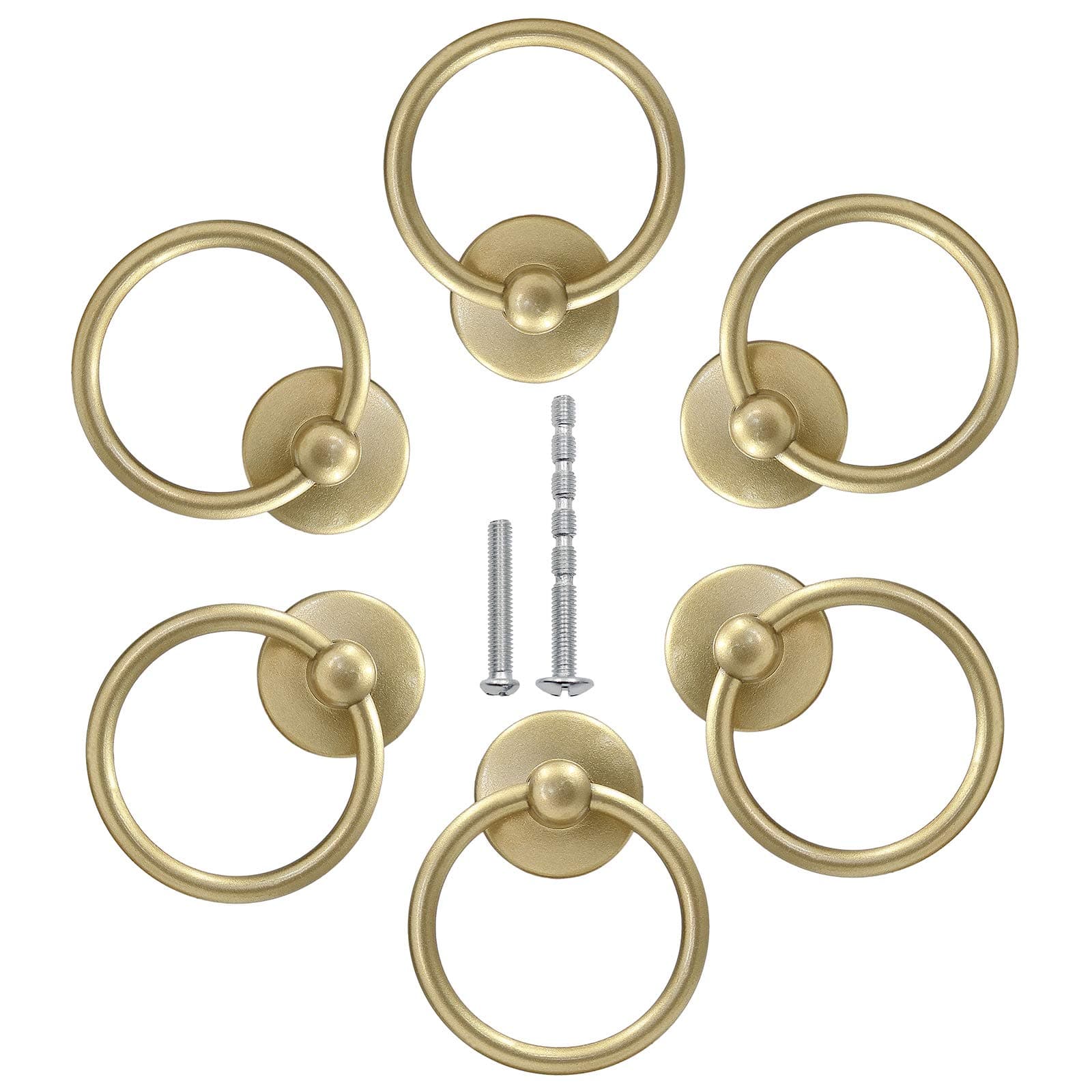 6Pcs Round Ring Drawer Pulls Matte Gold Ring Handle Knobs for Cabinet Drawer Dresser Cupboard Wardrobe, Single Hole