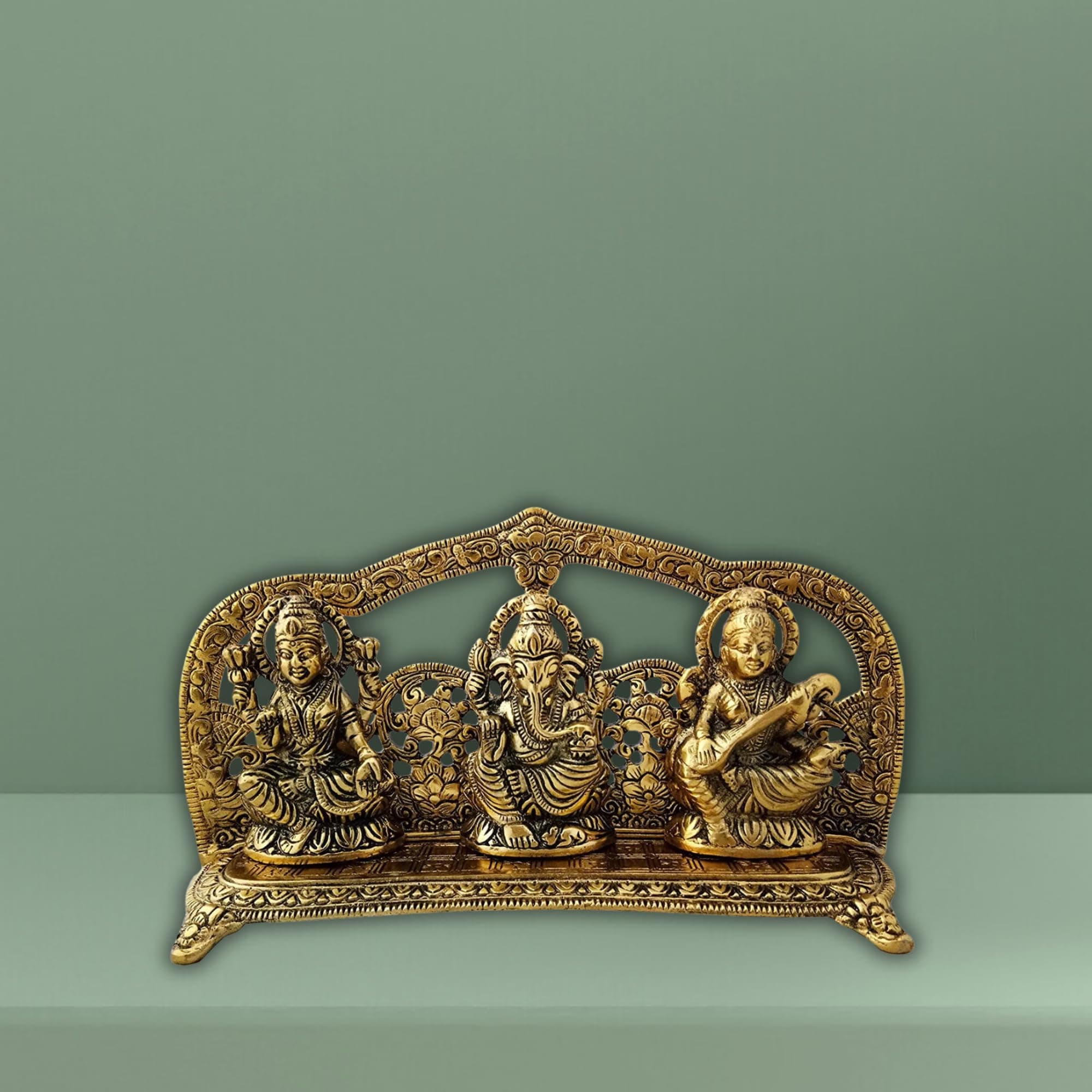 Charmy Crafts 9.5 X 5.5 X 2.2 inches Golden Laxmi Ganesh Saraswati Statue - God Idols for Pooja Puja Room - Antique Idol Set for Home Decor