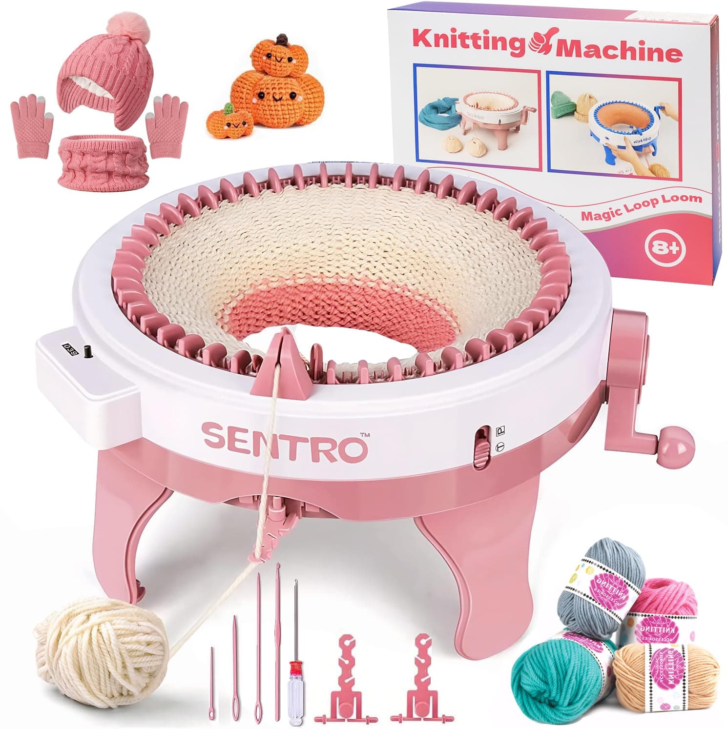 BZVV SENTRO Knitting Machine, 48 Needles Smart Knitting Crochet Machine with Row Counter for Adults and Beginners, Weaving Loom Machine Kit for Christmas New Year Gifts (Pink)