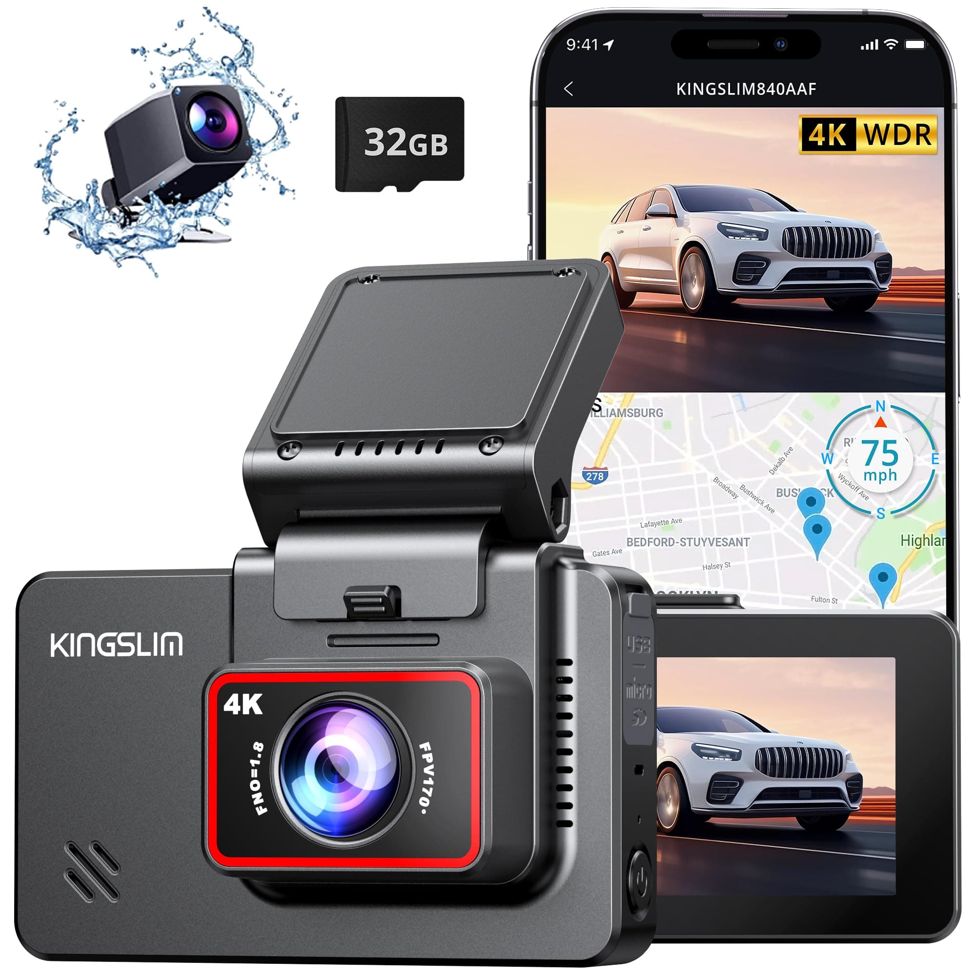 Dash Cam Front and Rear 4K - D4 Dual Dash Camera for Cars WiFi GPS, Dashcam with 32GB SD Card, 3" Touchscreen, Night Vision, APP, Parking Mode, G-Sensor, Black