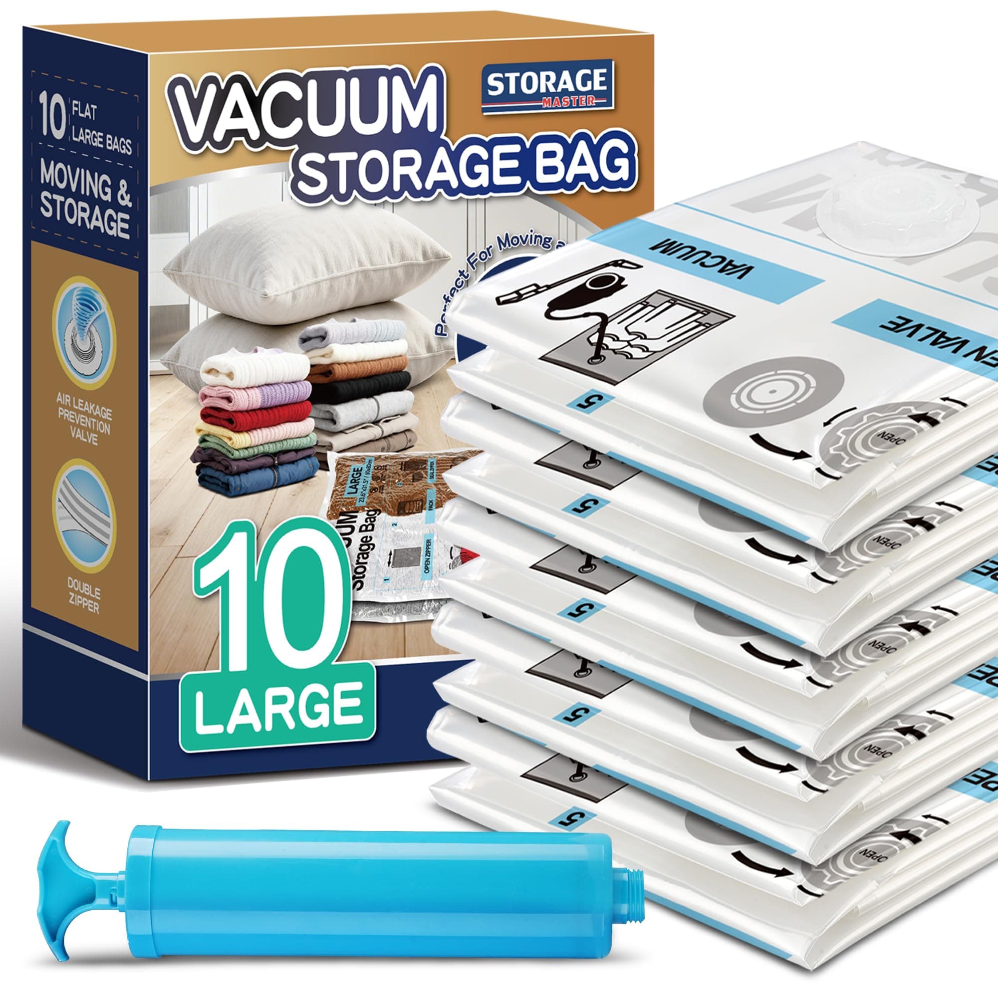 Storage Master Space Saver Bags for Travel and Home Reusable Vacuum Storage Bags Save 80% More Storage Space Work with Vacuum Cleaner (10 Large with Hand Pump)