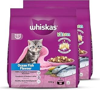 Whiskas Junior Mother Cat & Kitten (2-12 Months) Dry Cat Food, Ocean Fish Flavour, 450 g, Contains 41 Essential Nutrients, Complete & Balanced Nutrition for Mother Cats & Kittens (Pack of 2)