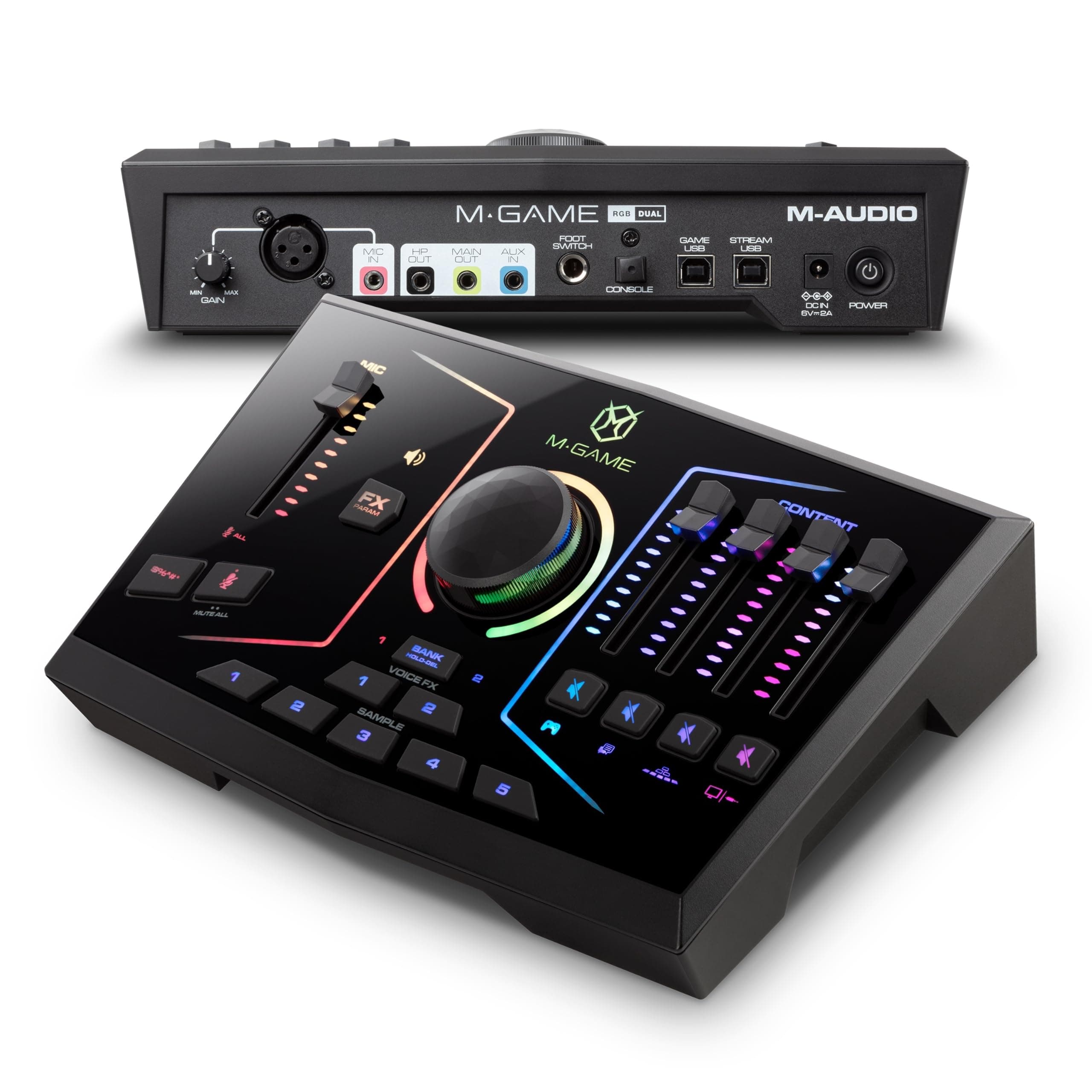 M-Game Streaming Mixer USB Audio with 2 Inputs, 1 XLR Input, Onboard Sampler, Customizable RBG LEDs, and Software Control RGB Dual - Black, External Line Return