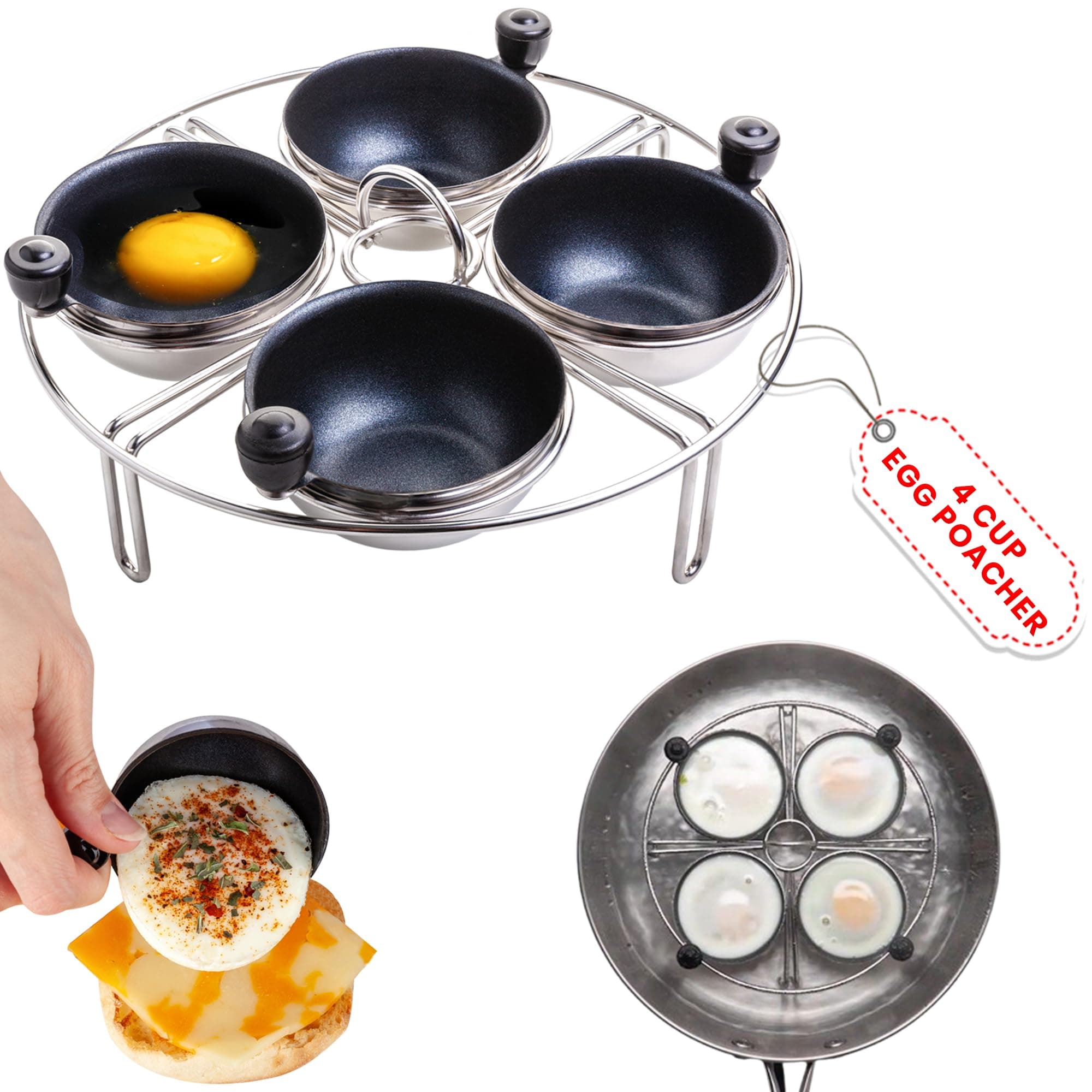 Eggssentials Stainless Steel Egg Poacher Pan Insert | 4 Poshed Egg Cups PFOA Free Non-Stick | 7.25" Rack Skillet Instant Pot Pressure Cooker | Hard Boiled and Poached Egg Maker
