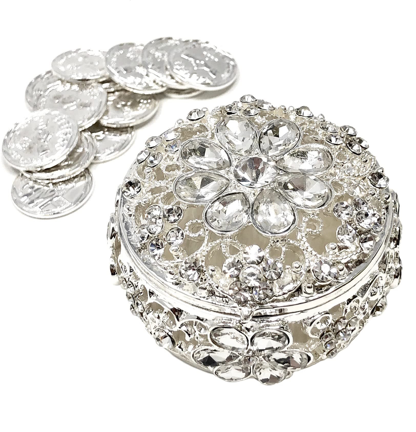 CB Accessories Wedding Unity Coins - Arras de Boda - Round Shaped Flower Box with Decorative Rhinestone Crystals 16 (Silver)