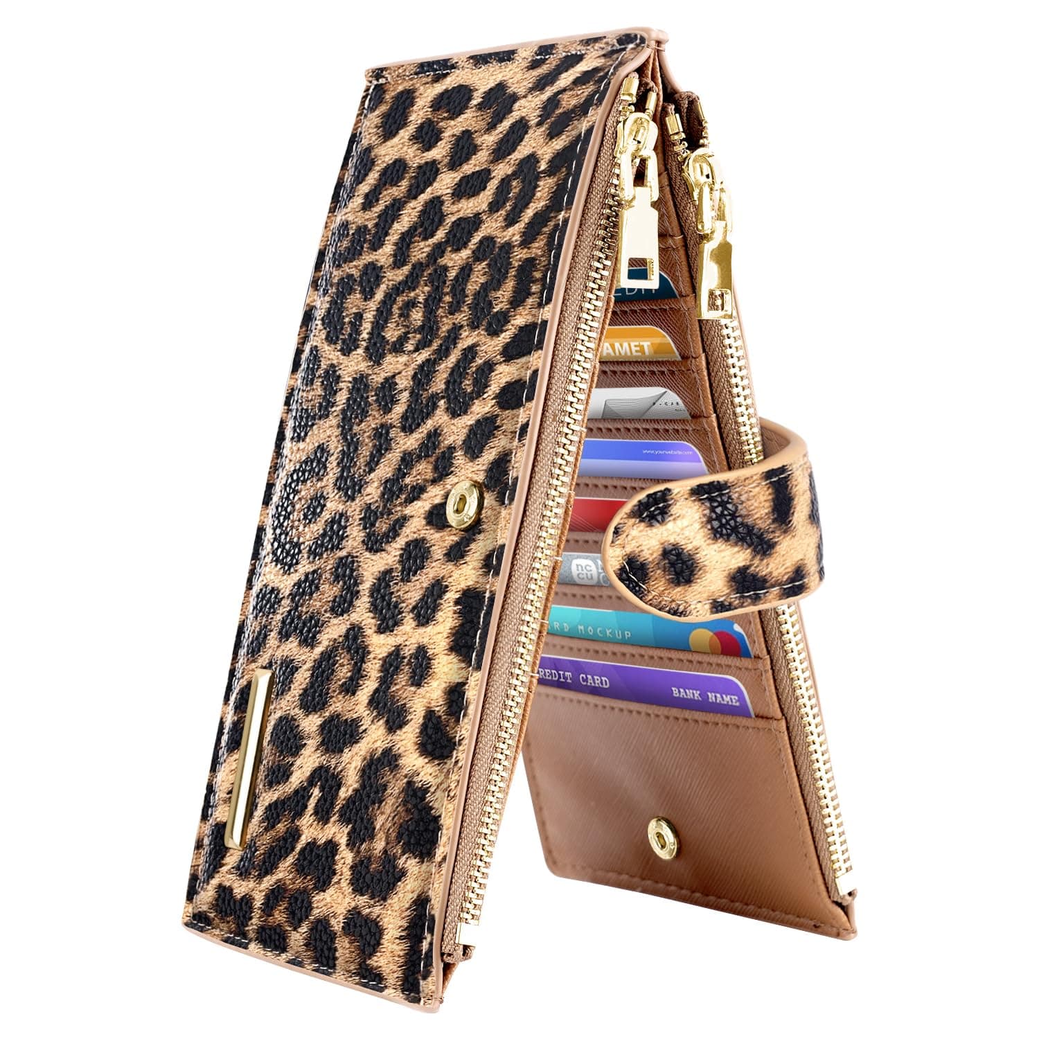 Womens RFID Blocking Large Capacity Wallet Multi Card Organizer Bifold Wallet for Women with Zipper Pocket, Light Leopard, Large, Modern