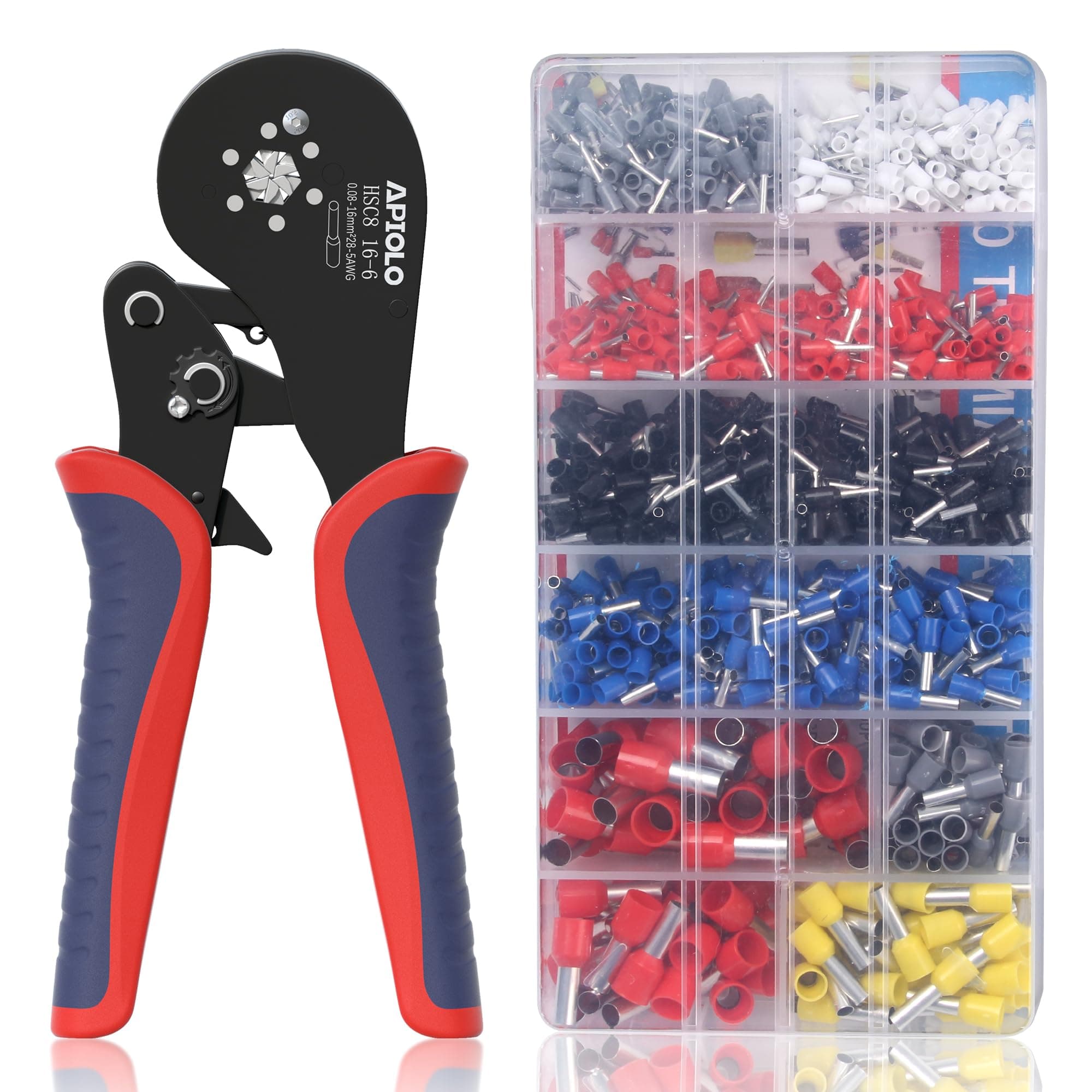 Hexagonal Ferrule Crimping Tool Kit with 1200PCS Ferrules Connectors Wire Ends Terminals(0.08-16mm²/AWG28-5) and Wire Ferrule Kit with 16-6 Ferrules Crimp Tool