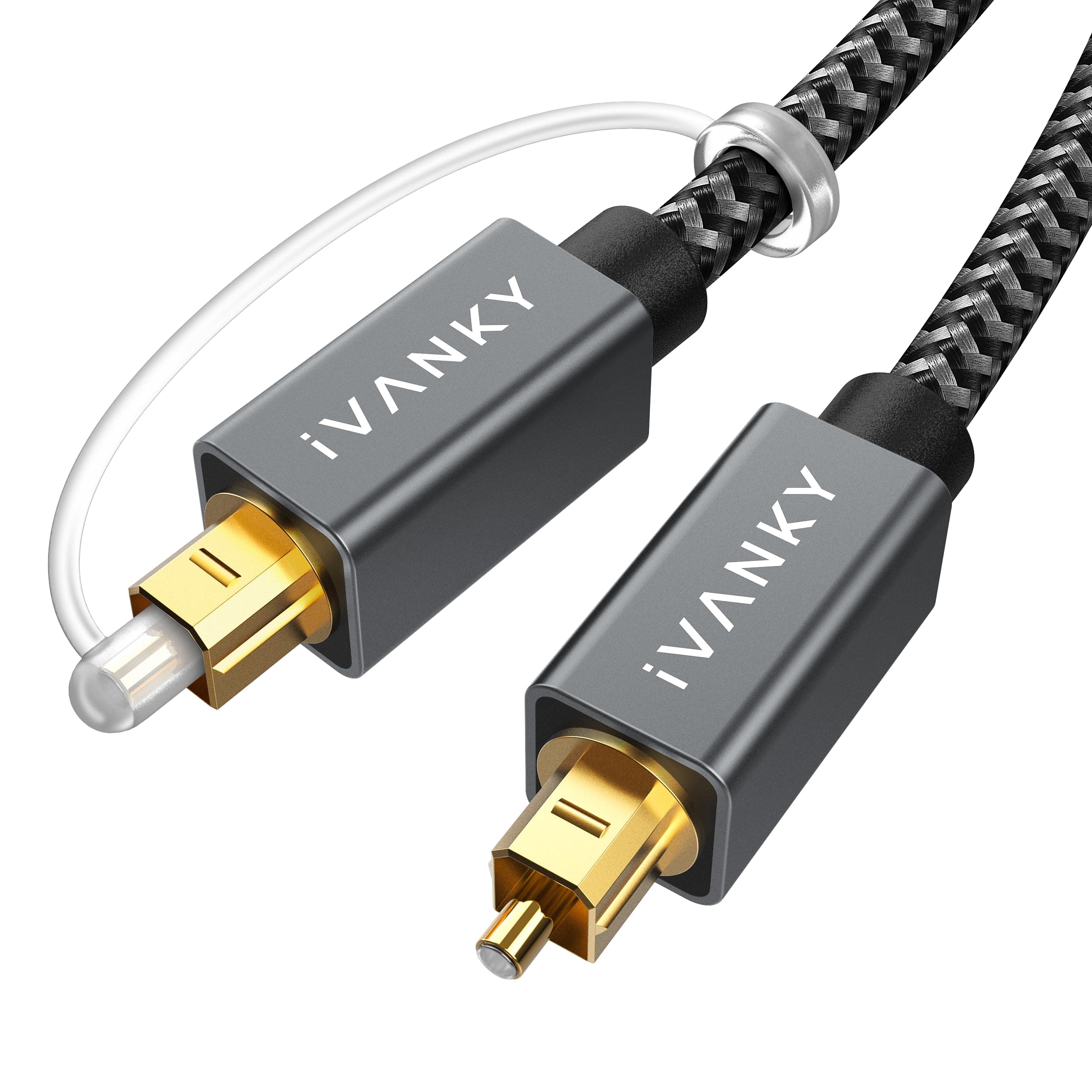 IVANKY Digital Optical Audio Cable 6ft/1.8M, Slim Nylon Braided Audio Optical Cord Toslink Cable for Sound Bar, TV, PS4, Xbox, Samsung, Vizio, 24K Gold-Plated - CL3 Rated, Grey