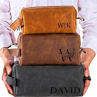Personalized Leather Toiletry Bag for Men โ Custom Shaving Dopp Kit with Name or Initial, Travel Gift for Groomsmen, Husband, Dad, Boyfriend, Birthday, Anniversary, Valentines Day Gifts for Men, Him