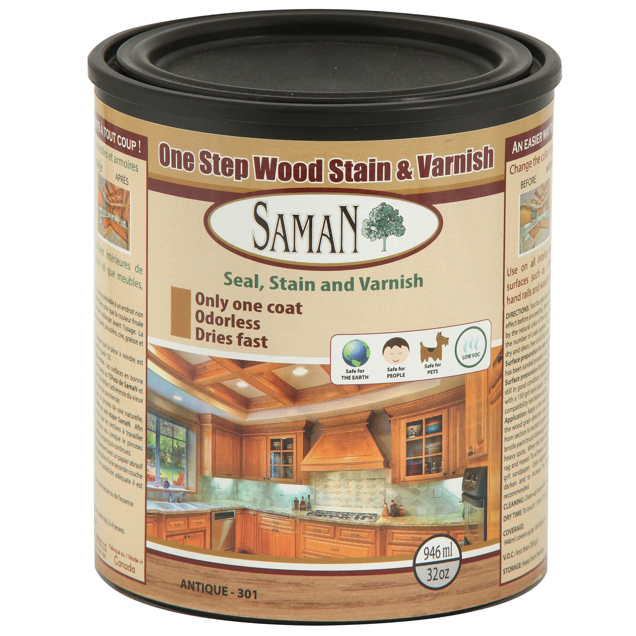 Interior One Step Wood Seal, Stain and Varnish –Oil Based Odorless Dye - Protection for Furniture and Fine Wood (Antique SAM-301, 32 oz)